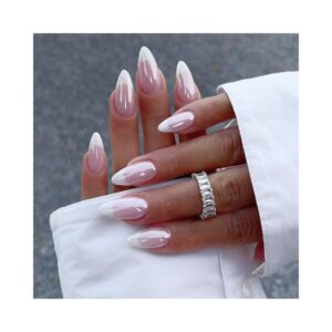 Almond press on nails French tip chrome design 24pcs fake nails for women