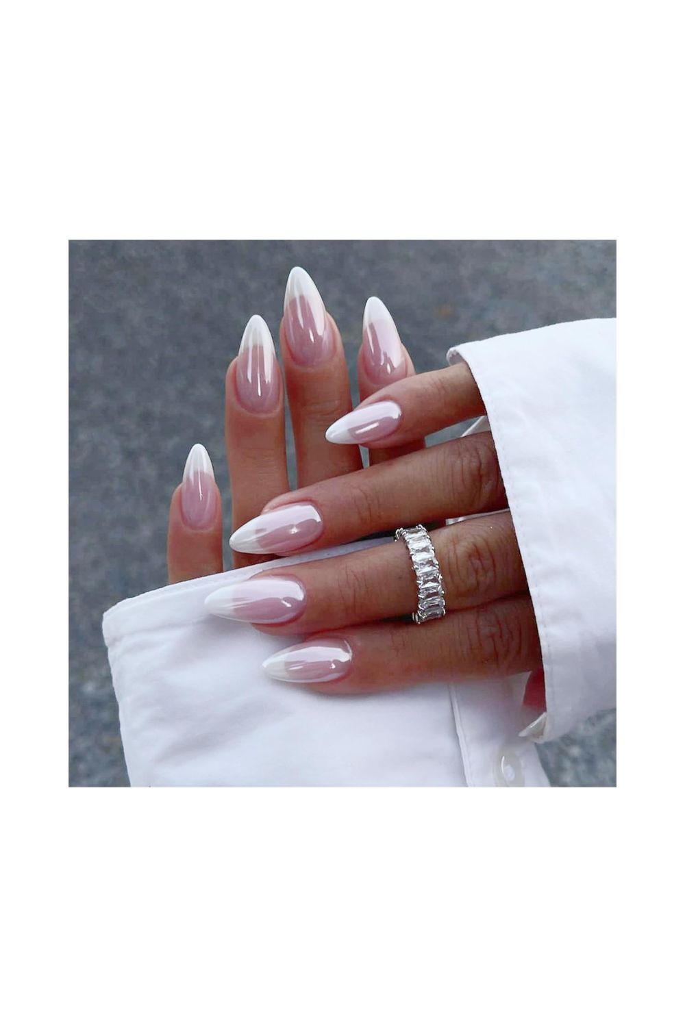 Almond press on nails French tip chrome design 24pcs fake nails for women