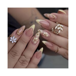 Flower Press on Nails French Tip Yellow Floral Design