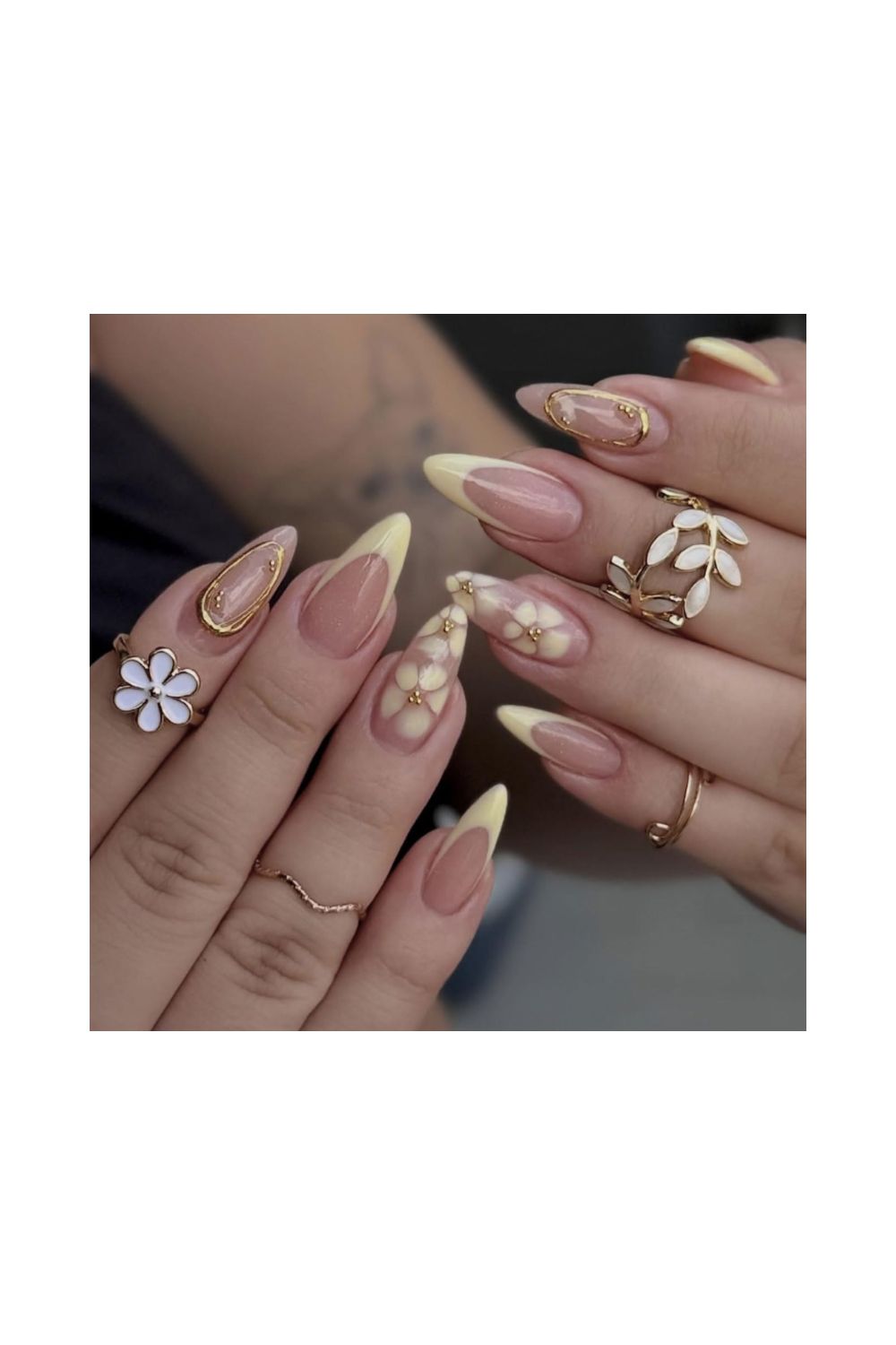 Flower Press on Nails French Tip Yellow Floral Design