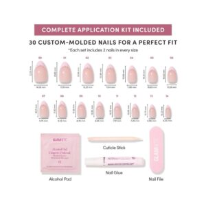 Glamnetic Pink Me Up short almond press on nails with 3D pearls and French tips
