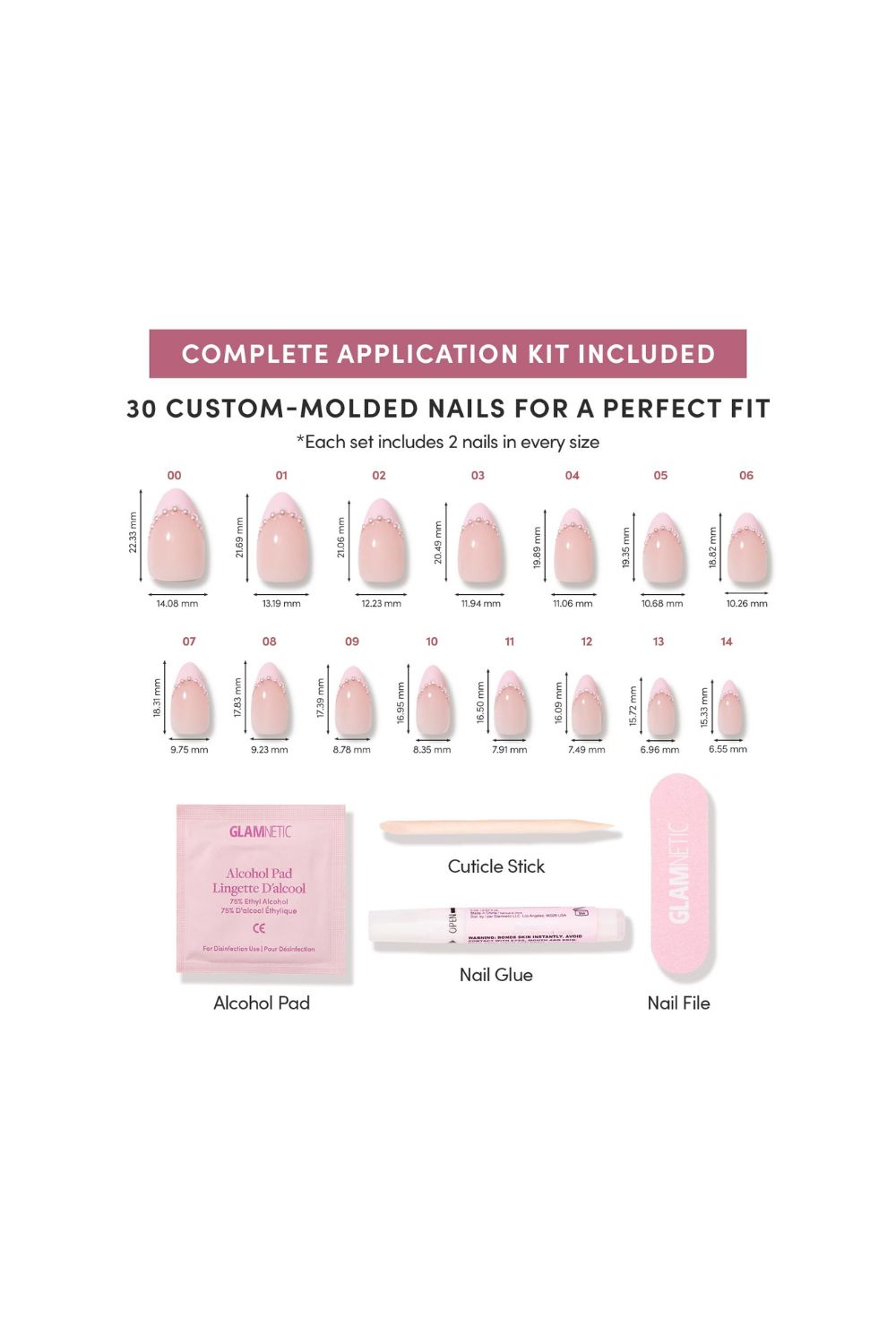 Glamnetic Pink Me Up short almond press on nails with 3D pearls and French tips