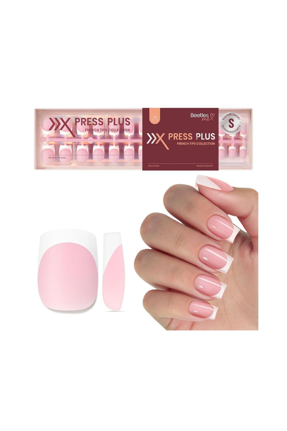 Beetles short square press on nails with pink French tips 150 pieces kit