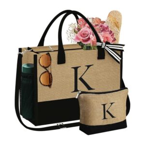 monogram tote bag for women personalized jute bag with makeup pouch