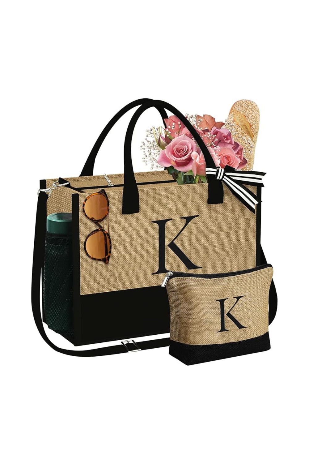 monogram tote bag for women personalized jute bag with makeup pouch