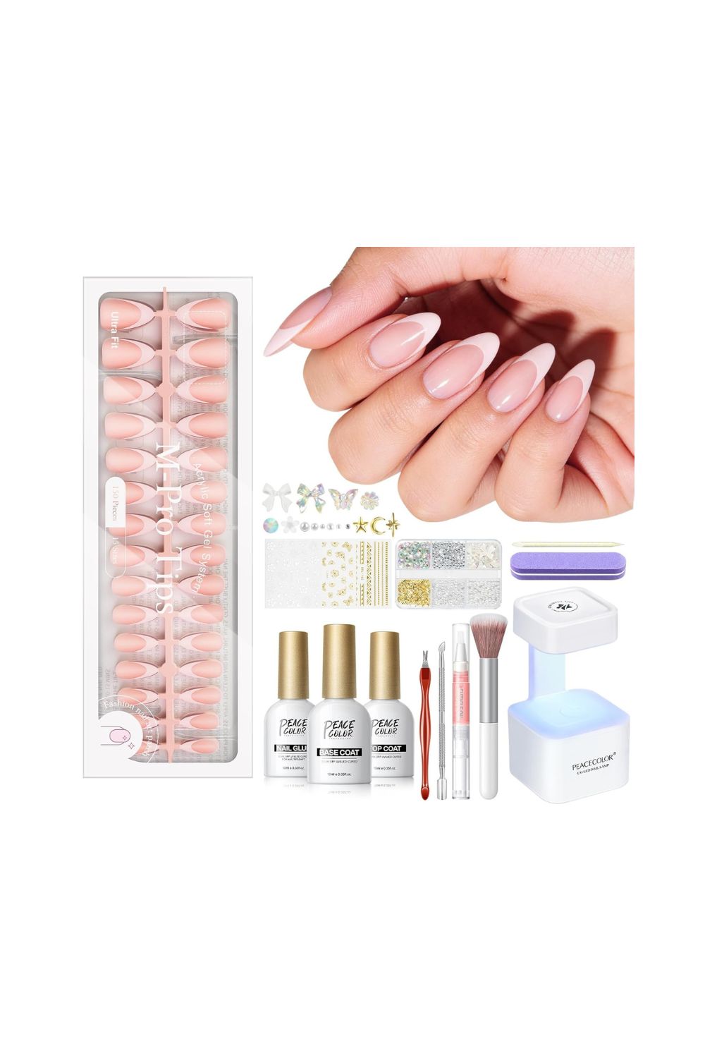 PEACECOLOR 150pcs long almond french tip press on nails kit with UV light