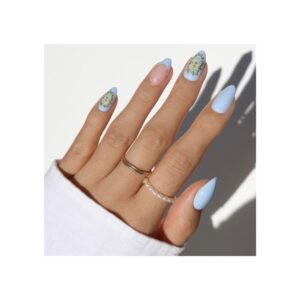 Glamnetic blue spring nails with angel cherub graphics and 3D gold details