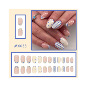 Almond press on nails short acrylic fake nails with blue and cream yellow dot designs