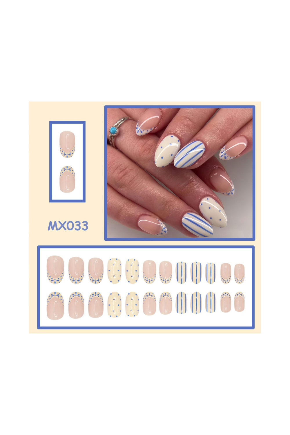 Almond press on nails short acrylic fake nails with blue and cream yellow dot designs