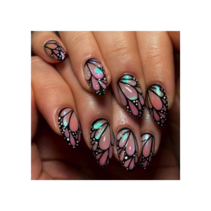 QQPPOLIU medium press on nails almond shape with butterfly designs 3d glue on nails
