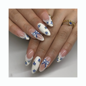 Medium almond press on nails blue bow french tip fake nails with pearl accents