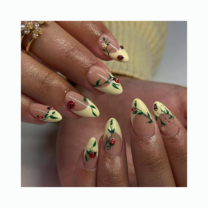 HPYFOI short false nail press ons yellow french tip with ladybug green leaves design