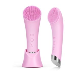 Pritech Facial Cleansing Brush in pink with ultra soft silicone bristles and heated massage metal head