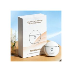 Electric Gua Sha Facial Massager device with sleek metallic curves being used on jawline