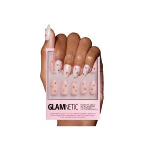 Glamnetic North Star almond press on nails with semi-transparent nude base and 3D multicolor holiday gems