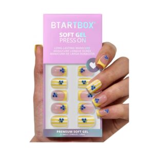 BTArtbox Blueberry Rain Yellow Short Square Press On Nails showing a seamless cuticle fit
