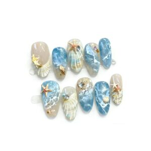 Thrivingbyday Reusable Press On Nails in 3D Ocean theme with starfish and seashell designs