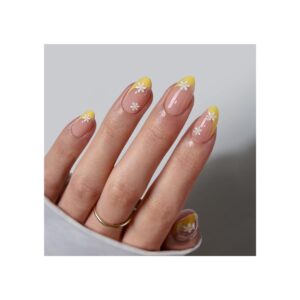 BTArtbox French Tip Press On Nails in short almond shape with cute daisy flower design accents