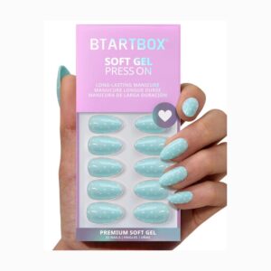 BTArtbox Dotted Overalls Blue Press On Nails in short almond shape with pastel polka dot design finish