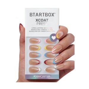 BTArtbox Cha-Cha Colorful French Tip Press On Nails in short almond shape with vibrant summer multi-color borders