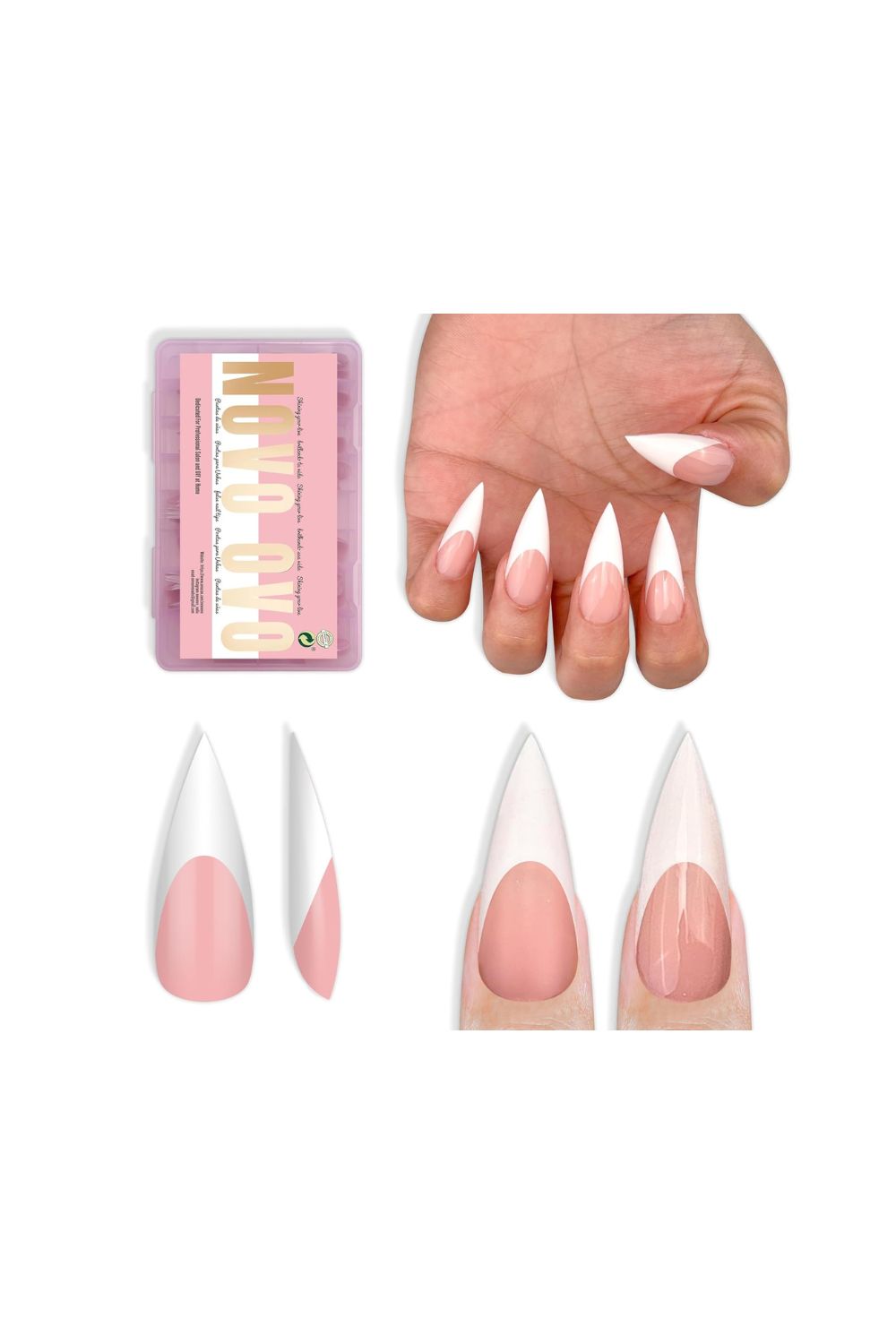 NOVO OVO sharp stiletto nail tips press on baby pink french design 160 pieces