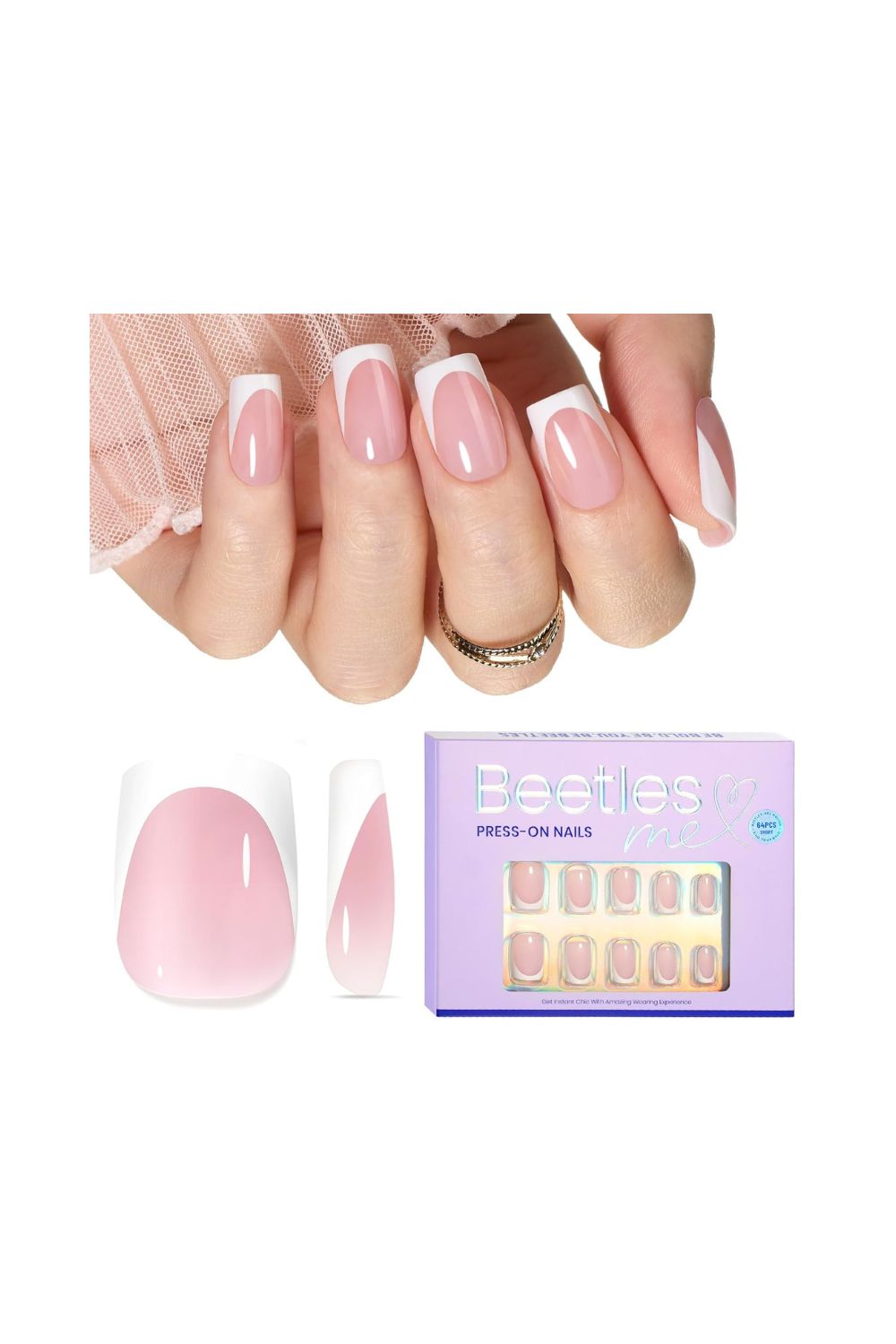 Beetles short squoval press on nails pink french tip 64 pieces kit