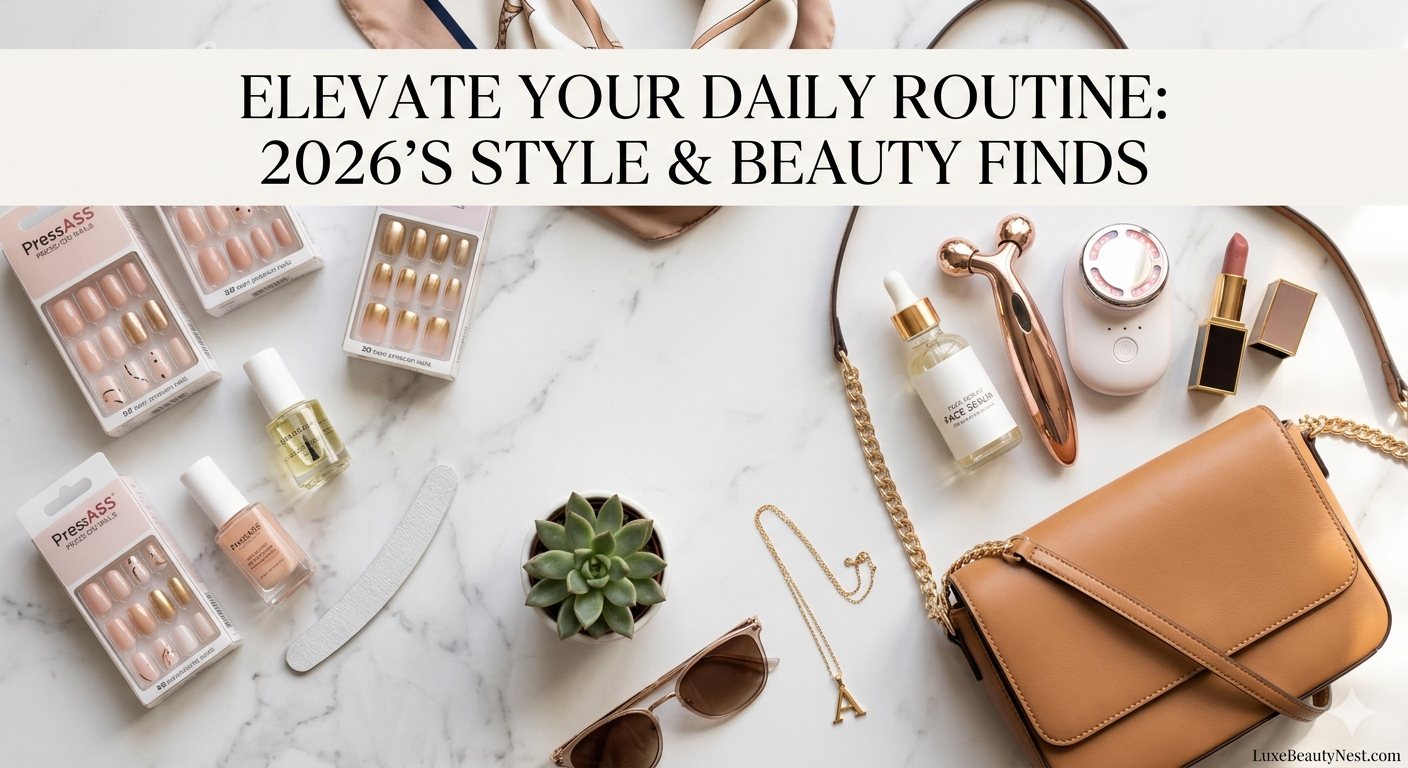 "A curated collage of trending women’s products including aesthetic press-on nails, modern beauty gadgets, and stylish leather handbags on a minimalist background."