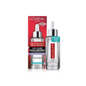 L'Oreal Paris Revitalift 1.5% Pure Hyaluronic Acid Face Serum bottle with clear gel texture
