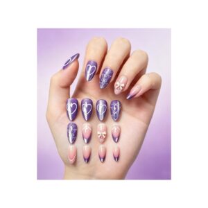 White French tips lace design press on nails with 3D bow and rhinestone accents