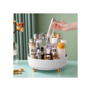 Clear acrylic 360 degree rotating makeup perfume organizer vanity tray with cosmetics and luxury fragrance bottles