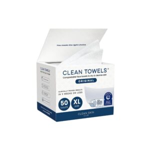 Clean Skin Club Clean Towels XL disposable face towel box dispensing an ultra soft dry facial wipe