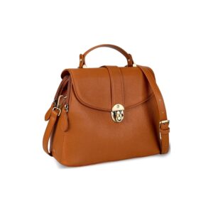 Structured vegan leather top handle handbag in classic satchel silhouette with gold tone hardware