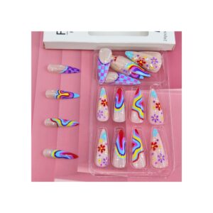 Long stiletto press on nails featuring colorful Y2K rainbow swirl and checkerboard designs