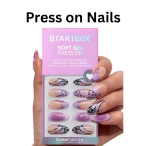 BTArtbox medium almond press on nails featuring 3D pearls and purple butterfly designs