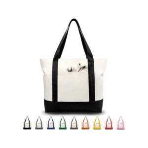 TOPDesign heavy duty black and natural canvas tote bag with a front external pocket and top zippe