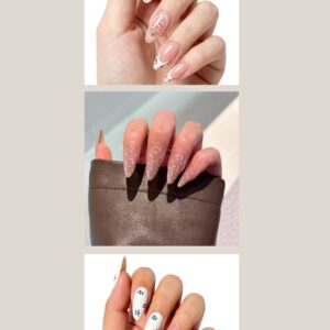COOCRENAILS ballerina almond press on nails with white polka dots and a glossy finish for a trendy summer look.