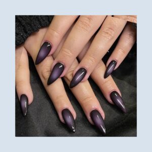 GLAMERMAID black and pink ombre medium almond press on nails with a purple aurora finish.