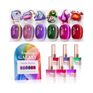 Double Rhythm cat eye gel nail polish set featuring 6 shimmer glitter colors for a professional manicure.