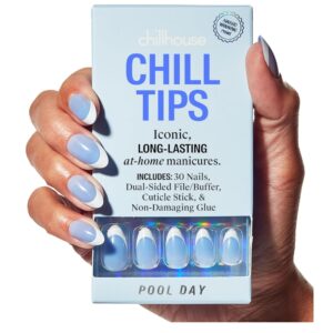 Chillhouse Pool Day French tip press on nails in an almond shape with sparkling blue and pearlescent white accents.