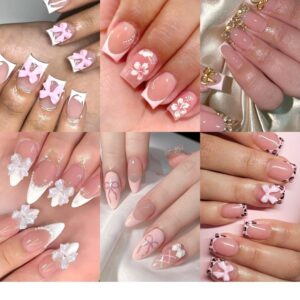 Professional reusable press on nails featuring 6 cute bow designs in 12 customizable sizes.