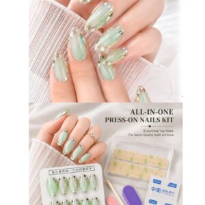Professional reusable press on nails featuring a gemstone mint green shimmer finish in a medium almond shape.