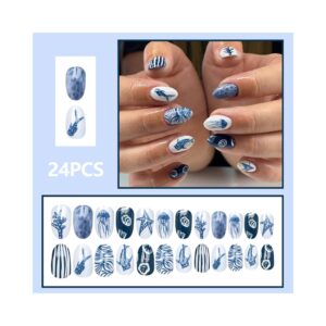 Summer ocean themed almond press on nails featuring whale shark, jellyfish, and seashell designs for a beach-ready manicure.