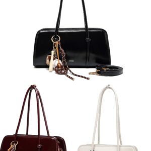 Professional women's shoulder bag crafted from glossy PU leather with a matching baseball charm pendant.
