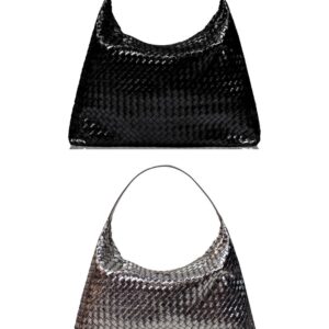 Professional Woven Tote Bag for Women featuring a dazzling metallic finish and a matching small purse.