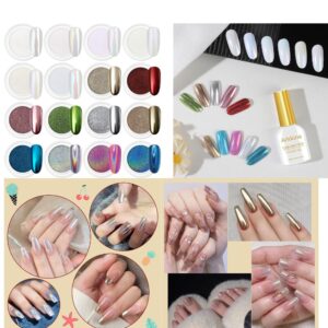 Professional 16 jars chrome nail powder set featuring pearl, mirror metallic, and holographic effects.