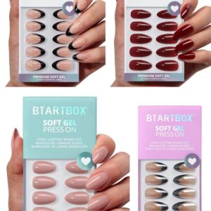 Professional BTArtbox press on nails collection featuring short and medium almond shapes in chic French tip, nude, and dark red designs.