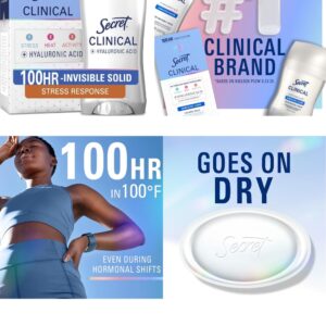 Professional Secret Clinical Strength 100HR Sweat & Odor Antiperspirant Deodorant featuring 3X stress protection with hyaluronic acid.
