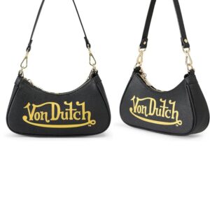 Von Dutch Womens Classic Shoulder Bag in black with gold logo and adjustable strap