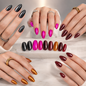 Short Almond Press on Nails in burnt orange cat eye design with glossy soft gel finish