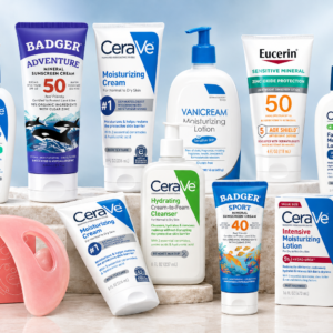 Sunscreen and skincare essentials featuring mineral sunblock and daily moisturizer